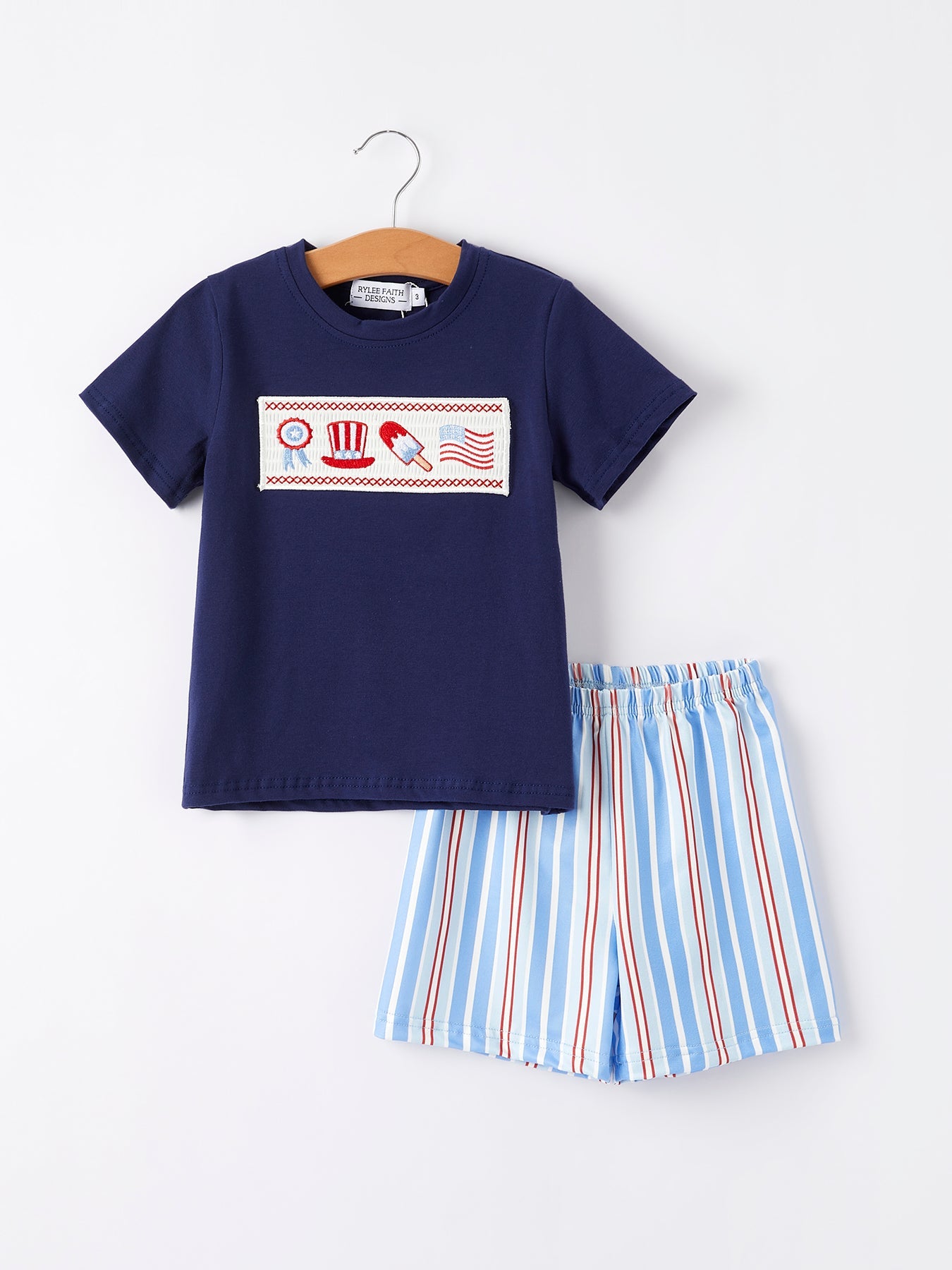 4th of july Flag Medal Ice Cream Smock Embroidery Boys Short Sleeved Shorts