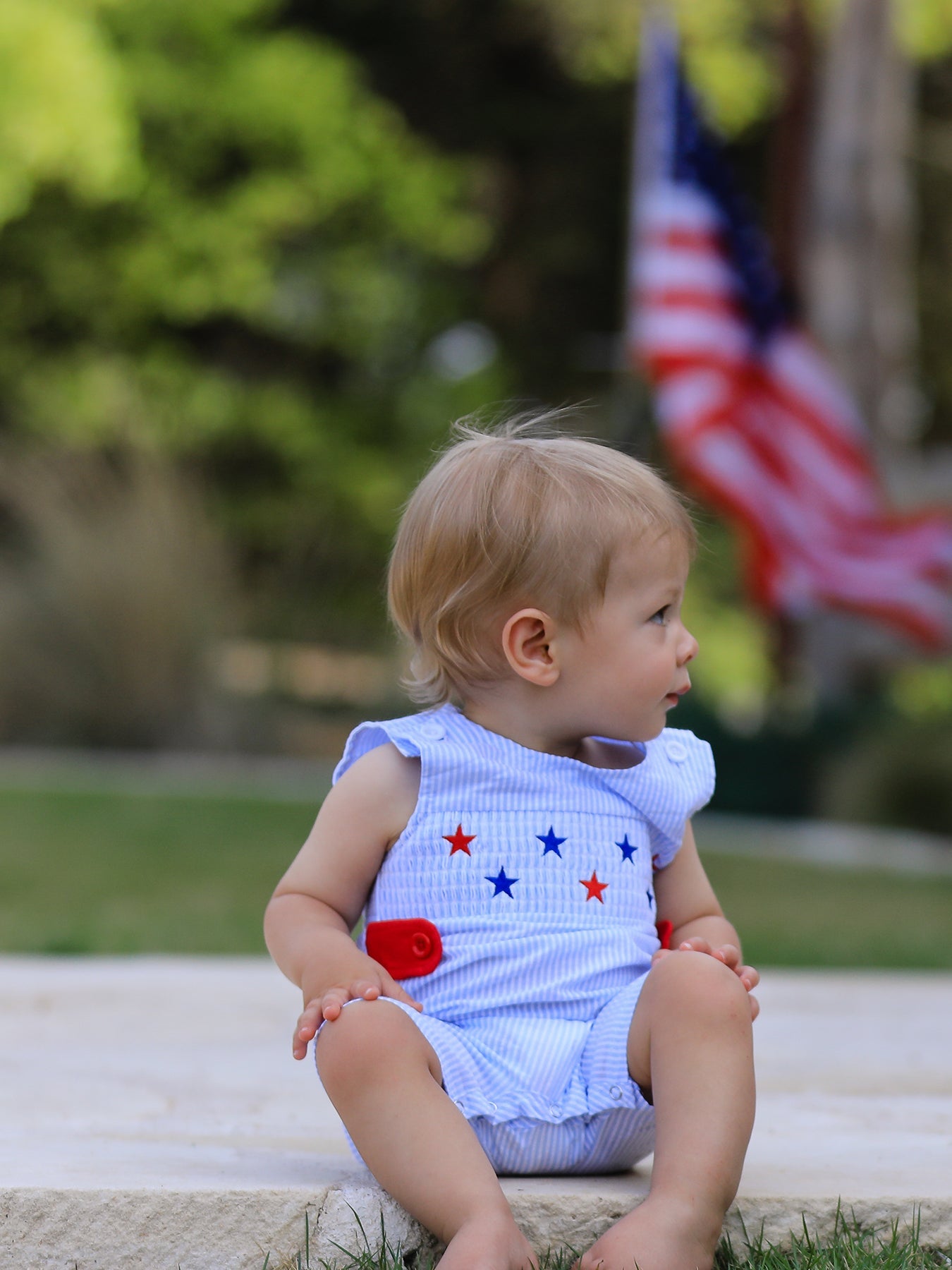 4th of july Boys' Smocking Star Embroidered Romper