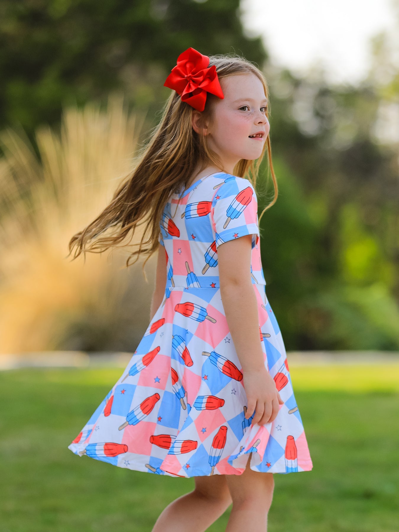 4th Of July Ice Cream Plaid Girls Dress
