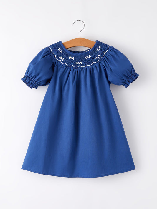 4th of july USA Embroidered Smocking Navy Blue Girls' Dress
