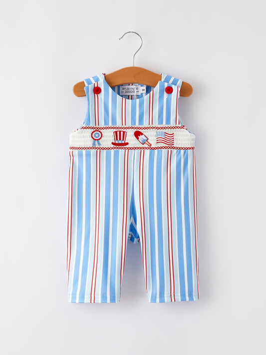 4th of july Toddler Boys Ice Cream Striped Smocking Embroidered Romper