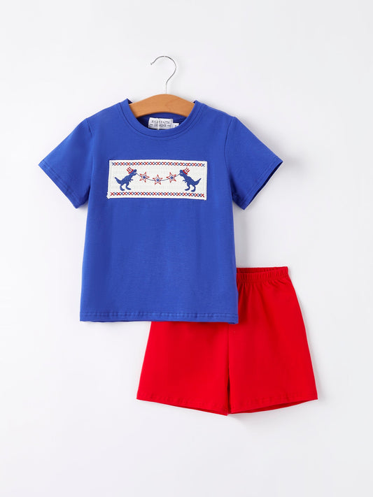 4th of july Dinosaur Smock Embroidery Boys Short Sleeved Shorts