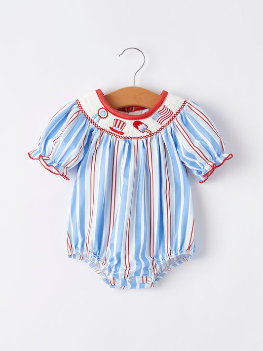 4th of july Flag Medal Ice Cream Smock Embroidery Baby Girl Romper
