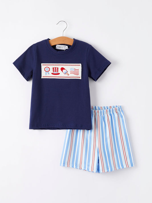 4th of july Flag Medal Ice Cream Smock Embroidery Boys Short Sleeved Shorts