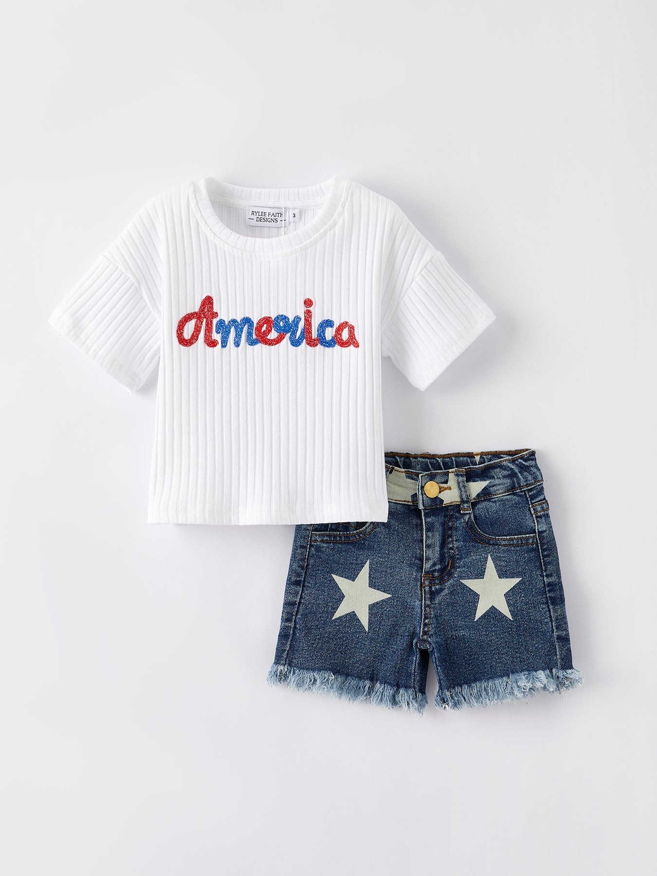 4th of july Girls “America”Top+Denim Shorts Set