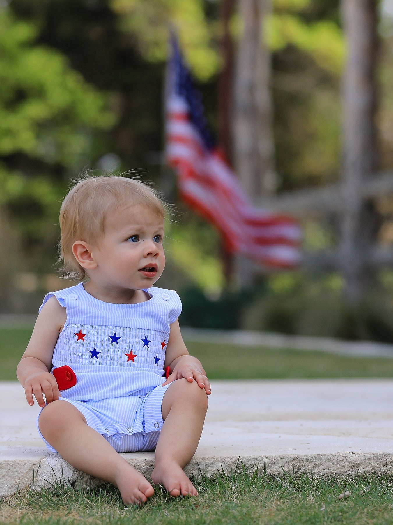 4th of july Boys' Smocking Star Embroidered Romper