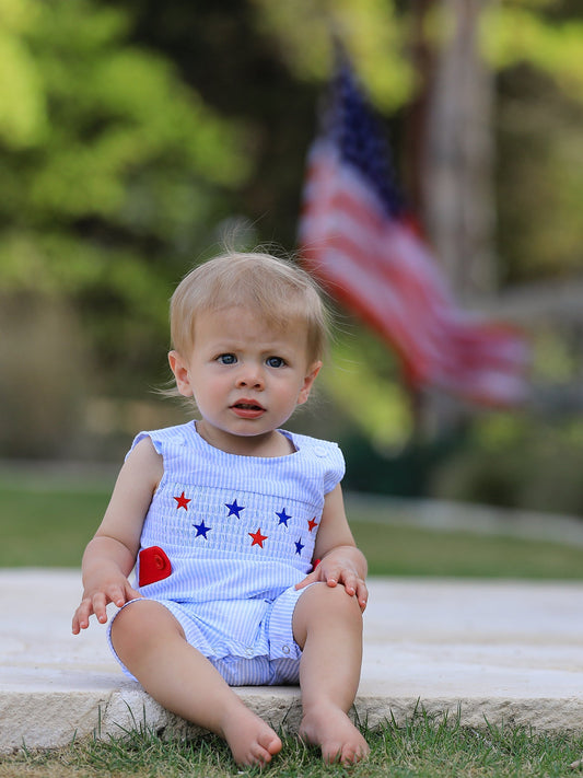 4th of july Boys' Smocking Star Embroidered Romper