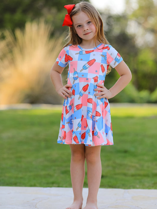 4th Of July Ice Cream Plaid Girls Dress