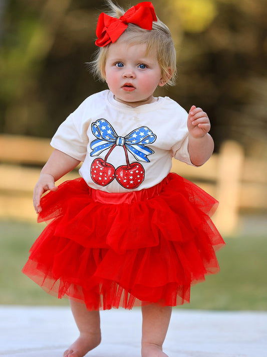 4th of july  Cherry Print Tulle Dress
